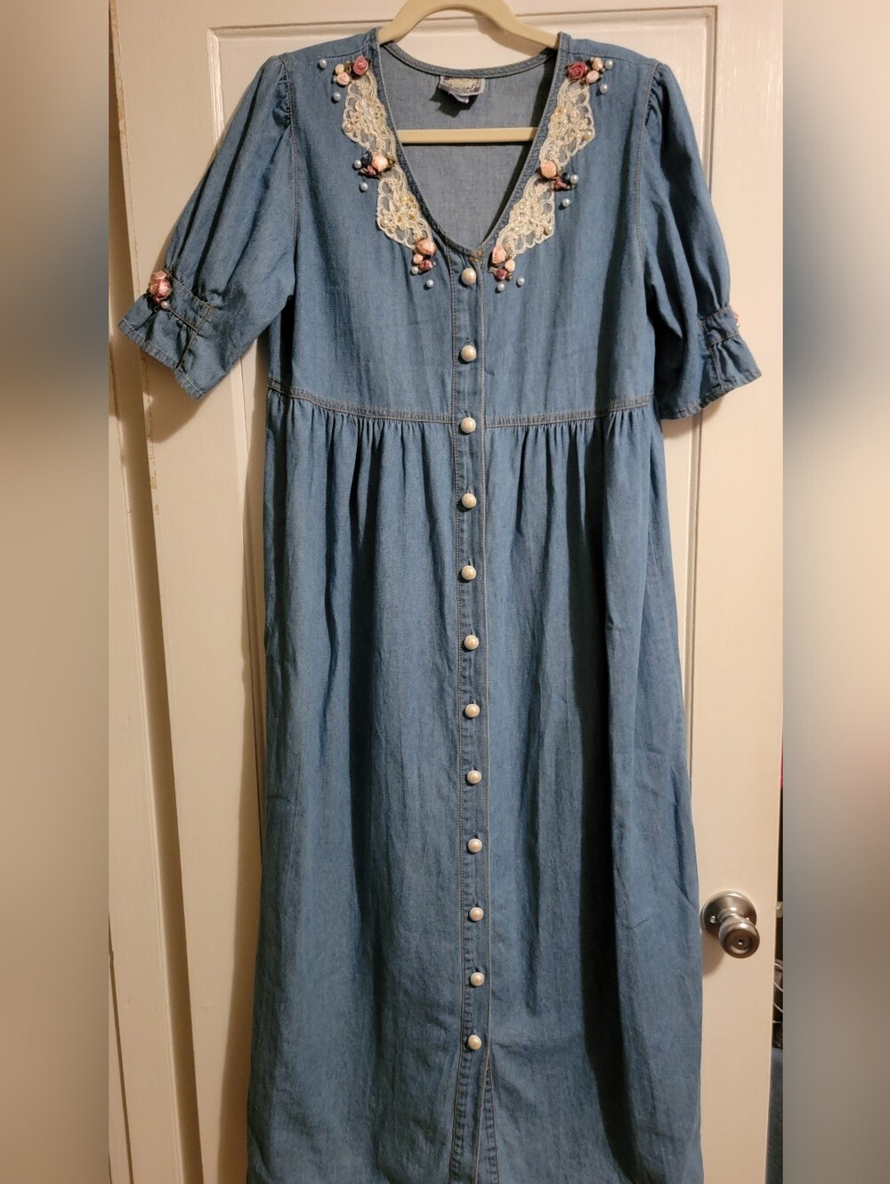 Monique Fashions Denim Button-Front Maxi Dress with Lace & Floral Trim Size 12